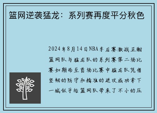 篮网逆袭猛龙:系列赛再度平分秋色