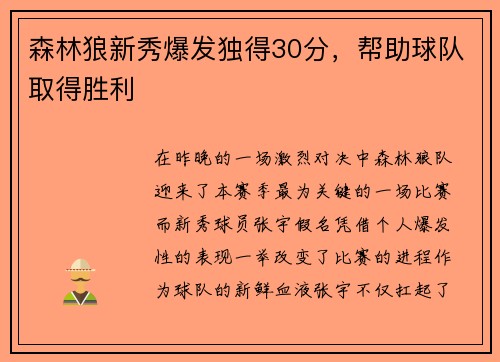 森林狼新秀爆发独得30分，帮助球队取得胜利